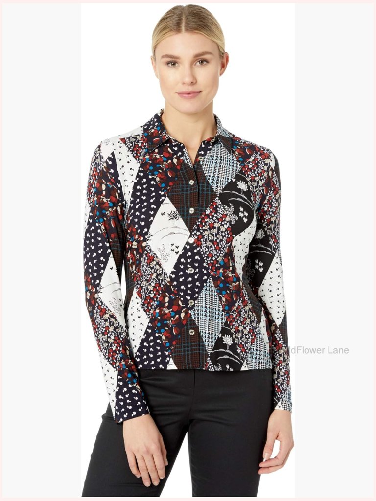 Women's Long Sleeve Collared Button Up Knit Plaid Top Blouse Size